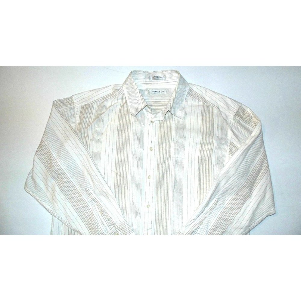Geoffrey Beene Long Sleeve Dress Shirt White + Beige/Black Stripes Size Large